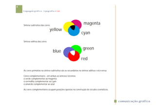 8
    linguagem gráfica . tipografia e cor




    Síntese subtrativa das cores
                                                                      magenta
                                yellow
                                                                   cyan
    Síntese aditiva das cores


                                                                     green
                                    blue
                                                                   red

    As cores primárias na síntese subtrativa são as secundárias na síntese aditiva e vice-versa.

    Cores complementares . em ambas as sínteses teremos:
    o verde complementar ao magenta
    o vermelho complementar ao cyan
    o amarelo complementar ao azul

    As cores complementares ocupam posições opostas na construção de círculos cromáticos.




                                                                                                   comunicação gráfica
 