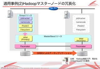 適用事例(2)Hadoopマスターノードの冗長化


     Groupリソース
     jobtracker
      jobtracker                                                 jobtracker

     namenode
     namenode                                                    namenode

      IPaddr2
       IPaddr2                                                     IPaddr2

     Filesystem
     Filesystem                                                  Filesystem


                            MasterSlaveリソース
         drbd
         drbd
      (Primary)                                                      drbd
                                                                     drbd
       (Primary)                                                  (Secondary)
                                                                   (Secondary)


     Pacemaker
     Pacemaker                                                   Pacemaker
                                                                 Pacemaker


                   DRBDによるデータレプリケーション

                                                              出典:　Hadoop徹底入門　翔泳社
                                                              ※Heartbeat2での事例


                   Copyright(c) 2011 Linux-HA Japan Project
                                                                                 9
 