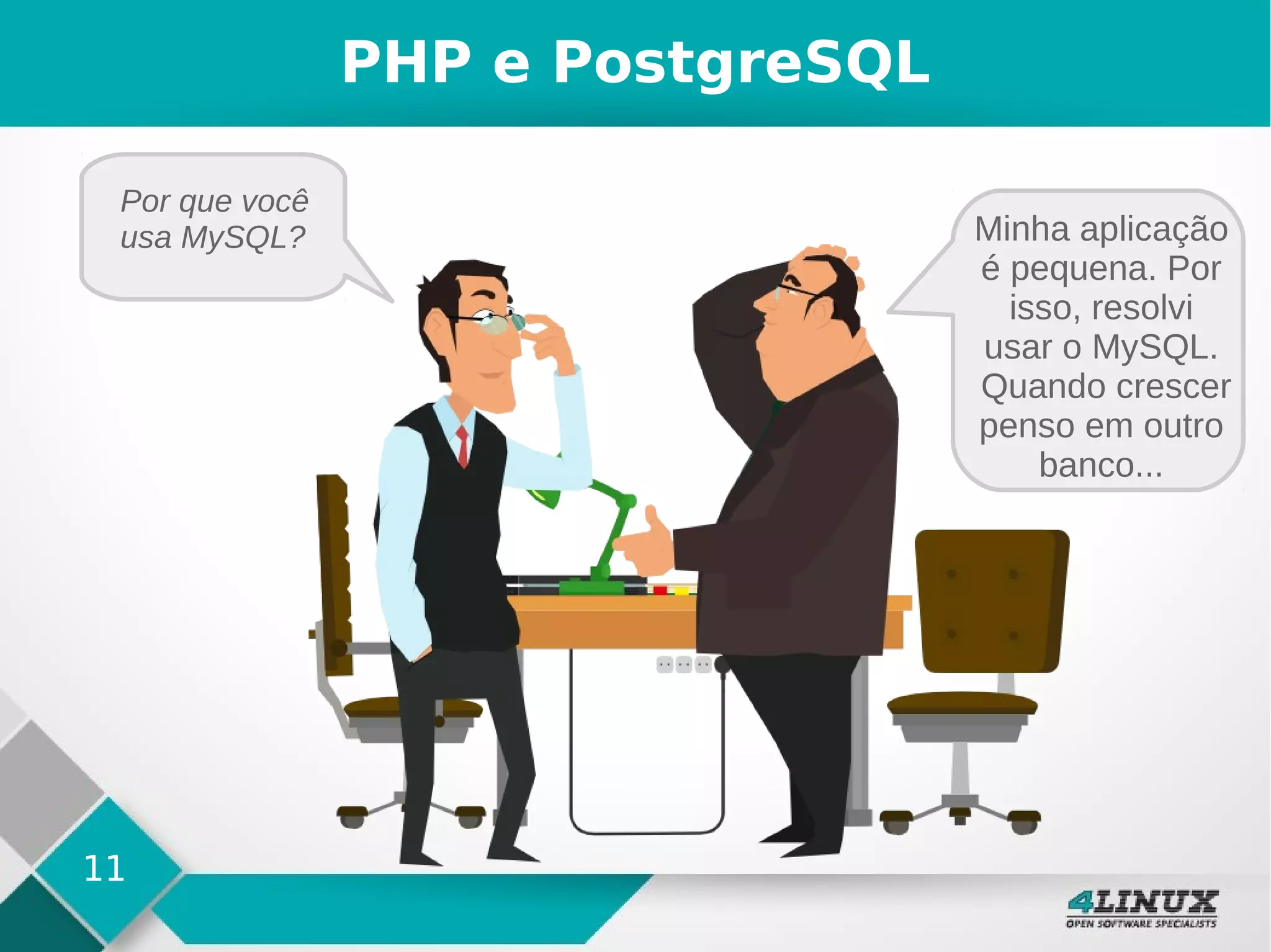 11
PHP e PostgreSQL
Por que você
usa MySQL? Minha aplicação
é pequena. Por
isso, resolvi
usar o MySQL.
Quando crescer
penso em outro
banco...
 
