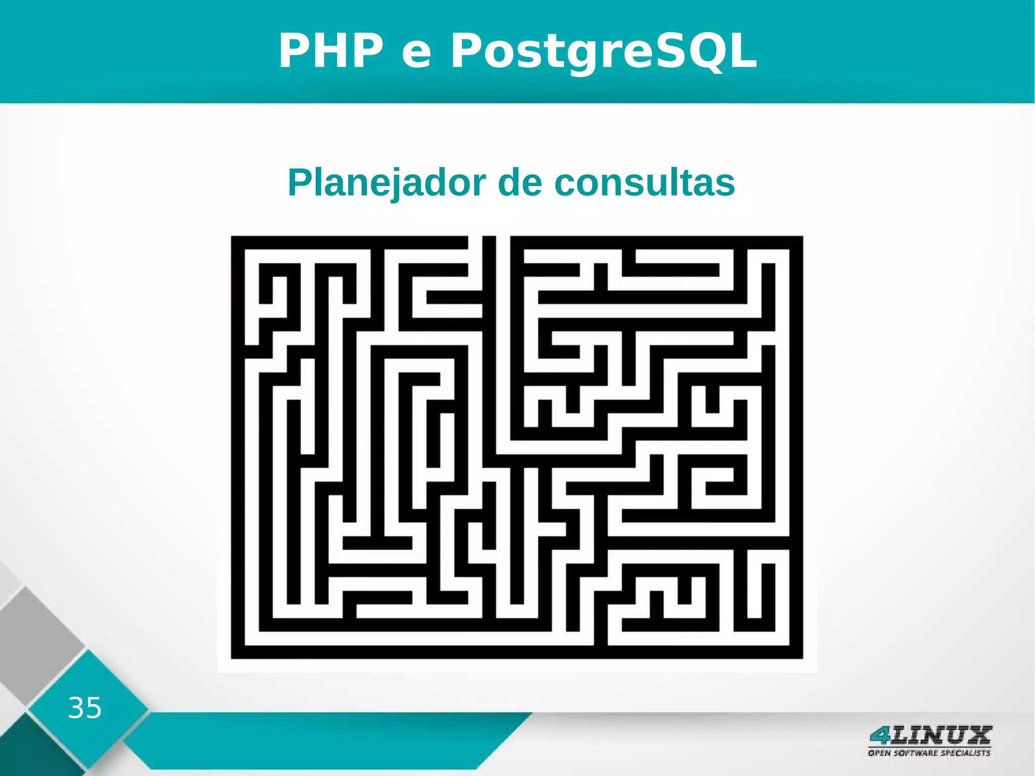 35
PHP e PostgreSQL
Planejador de consultas
 