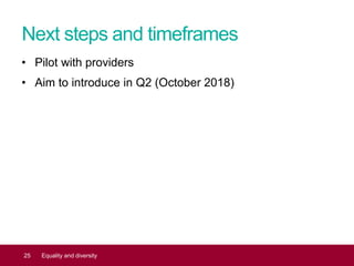 Next steps and timeframes
• Pilot with providers
• Aim to introduce in Q2 (October 2018)
25 Equality and diversity
 