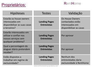 Proprietários:                                                        RentHome

       Hipóteses                          Testes                           Validação
 Estarão os house owners                                            Os House Owners
 interessados em                      Landing Pages                 contactados estão
 disponibilizar as suas casas          Entrevistas                  interessados em
 a terceiros?                                                       disponibilizar as casas
 Estarão interessados em
 utilizar e confiar nos               Landing Pages                 Por aprovar
 nossos serviços sem                   Entrevistas
 qualquer problema?
 Qual a percentagem do                Landing Pages
 aluguer diário pretendem              Entrevistas                  Por aprovar
 receber?
 Estão dispostos a                    Landing Pages                 Nenhum dos
 trabalhar em regime de                Entrevistas                  entrevistados daria
 exclusividade?                                                     exclusividade à RentHome
                                www.renthomestartup.wordpress.com
 