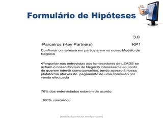 Formulário de Hipóteses

                                                      3.0

   Parceiros (Key Partners)                          KP1
  Confirmar o interesse em participarem no nosso Modelo de
  Negócio


  •Perguntar nas entrevistas aos fornecedores de LEADS se
  acham o nosso Modelo de Negócio interessante ao ponto
  de querem intervir como parceiros, tendo acesso à nossa
  plataforma através do pagamento de uma comissão por
  venda efectuada



  70% dos entrevistados estarem de acordo


   100% concordou




            (www.leadsconnector.wordpress.com)
 
