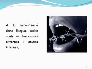 A   la      minorització
d’una llengua, poden
contribuir tan causes
externes      i   causes
internes.




                           12
 