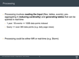 Processing



      Processing involves reading the Input (files, tables, events), pre-
       aggregating it (reducing c...