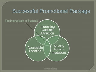 The Intersection of Success

                              Interesting
                                Cultural
                               Attraction


                                           Quality
                  Accessible
                                           Accom-
                   Location
                                          modations



                                 Scottish Castles
                                                      2
 