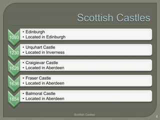 • Edinburgh
1093 • Located in Edinburgh
• Urquhart Castle
1230 • Located in Inverness
• Craigievar Castle
1626 • Located in Aberdeen
• Fraser Castle
1636 • Located in Aberdeen
• Balmoral Castle
1854 • Located in Aberdeen

Scottish Castles

4

 
