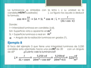 La luminancia se simboliza con la letra L y su unidad es la
candela/metro cuadrado( ). La figura nos ayuda a deducir
la formula.
𝑐𝑑 𝑚2
cos ∝=
𝑆𝐴
𝑆𝐿
→ SA = SL * cos ∝ ; L =
𝐼
𝑆𝐿∗ cos ∝
Donde:
I = Intensidad luminosa en candelas (cd).
SA= Superficie vista o aparente en
SL = Superficie luminosa o real en
= Angulo de la radiación luminosa en grados (°).
𝑚2
∝
𝑚2
Ejemplo 8
El foco del ejemplo 3 que tiene una intensidad luminosa de 5,250
candelas esta orientado hacia una pared de 20 con un ángulo
de 60° ¿Cuánto vale la luminancia?
𝑚2
L=
𝐼
𝑆𝐿 ∗ cos∝
=
5,250 𝑐𝑑
20𝑚2 ∗ cos 60°
=
5,250𝑐𝑑
20𝑚2∗0.5
= 525
𝑐𝑑
𝑚2
 