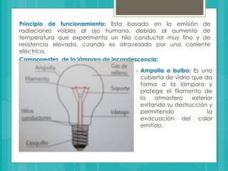Principio de funcionamiento: Esta basado en la emisión de
radiaciones visibles al ojo humano, debido al aumento de
temperatura que experimenta un hilo conductor muy fino y de
resistencia elevada, cuando es atravesado por una corriente
eléctrica.
Componentes de la lámpara de incandescencia:
 Ampolla o bulbo: Es una
cubierta de vidrio que da
forma a la lámpara y
protege el filamento de
la atmosfera exterior
evitando su destrucción y
permitiendo la
evacuación del calor
emitido.
 