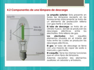 4.2 Componentes de una lámpara de descarga
La ampolla exterior: Esta presente en
todas las lámparas excepto en las
fluorescentes básicamente se trata de
un elemento de protección relleno
con gas inerte o al vacío.
El tubo de descarga: se trata de un
cilindro hueco, donde se producen las
descargas eléctricas entre los
electrodos. Esta relleno de gas.
Los electrodos: Son aquellos
elementos situados en el interior del
tubo entre los cuales se producen las
descargas eléctricas.
El gas; el tubo de descarga se llena
con una mezcla de vapor de sodio o
mercurio y gas inerte.
El casquillo: tiene las mismas funciones
que en otros tipos de lámparas.
Además necesitan dos elementos
auxiliares: el cebador y el balasto.
 