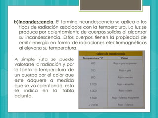b)Incandescencia; El termino incandescencia se aplica a los
tipos de radiación asociados con la temperatura. La luz se
produce por calentamiento de cuerpos solidos al alcanzar
su incandescencia. Estos cuerpos tienen la propiedad de
emitir energía en forma de radiaciones electromagnéticas
al elevarse su temperatura.
A simple vista se puede
valorarse la radiación y por
lo tanto la temperatura de
un cuerpo por el color que
este adquiere a medida
que se va calentando, esto
se indica en la tabla
adjunta.
 