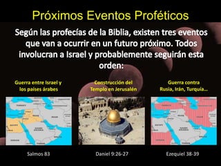 Próximos Eventos Proféticos 
Guerra entre Israel y 
los países árabes 
Construcción del 
Templo en Jerusalén 
Guerra contra 
Rusia, Irán, Turquía… 
Salmos 83 Daniel 9:26-27 Ezequiel 38-39 
 