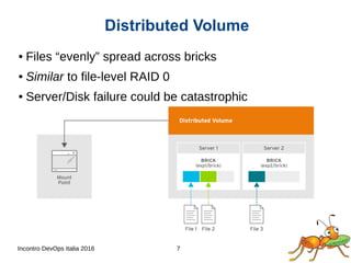 Incontro DevOps Italia 2016 7
Distributed Volume
● Files “evenly” spread across bricks
● Similar to file-level RAID 0
● Server/Disk failure could be catastrophic
 