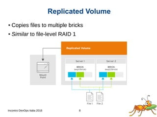 Incontro DevOps Italia 2016 8
Replicated Volume
● Copies files to multiple bricks
● Similar to file-level RAID 1
 