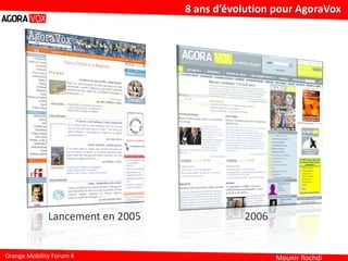 Mounir Rochdi
8 ans d’évolution pour AgoraVox
Orange Mobility Forum 4
Lancement en 2005 2006
 