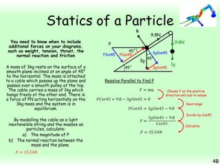 Statics of a Particle
R

You need to know when to include
additional forces on your diagrams,
such as weight, tension, thrust, the
normal reaction and friction
A mass of 3kg rests on the surface of a
smooth plane inclined at an angle of 45°
to the horizontal. The mass is attached
to a cable which passes up the plane and
passes over a smooth pulley at the top.
The cable carries a mass of 1kg which
hangs freely at the other end. There is
a force of PN acting horizontally on the
3kg mass and the system is in
equilibrium.
By modelling the cable as a light
inextensible string and the masses as
particles, calculate:
a) The magnitude of P
b) The normal reaction between the
mass and the plane

9.8N
9.8N

P
PSin45

45˚
PCos45

3gCos45

3g
45˚

45˚
3gSin45

1g

Resolve Parallel to find P
Choose P as the positive
direction and sub in values
Rearrange
Divide by Cos45
Calculate

4B

 