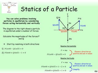 Statics of a Particle
y

You can solve problems involving
particles in equilibrium by considering
forces acting horizontally and vertically
The diagram to the right shows a particle
in equilibrium under a number of forces.
Calculate the magnitudes of the forces P
and Q
 Start by resolving in both directions

QN

PN
1N

QSin55

PSin40
55°
QCos55

40°
PCos40

x

2N
Resolve Horizontally

1)
2)

Choose a direction as
positive and sub in values
Resolve Vertically
Choose a direction as
positive and sub in values
Simplify

4A

 