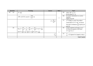 Question Working Answer Mark Notes
17. (a) 3
P kq
3
M1 Allow 3
kP q oe
Do not allow P = q³
3
3
270
270 (7.5) oe or oe
7.5
k k 
M1 for correct substitution in a correct
equation.
Implies first M1
316
25
P q
A1 3
0.64P q oe with P the subject
Award M2A1 if 3
P kq on answer
line and k evaluated as
16
25
in part (a) or
part (b)
(b)
Eg 2 25
16
q  or 2
1 16
25q
 or 216
1
25
q or q² =
1
0.64
Or 𝑃2
=
25
16
or
1
𝑃²
=
16
25
or 1 =
16
25
𝑃² or P² =
1
0.64 2
M1 Correct equation involving q² or p²
ft k from an equation of the form
3
P kq if k ≠ 1
1
1
4
A1 5
4
, 1.25 [ignore 0 or negative value.]
Total 5 marks
 