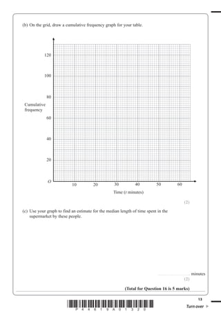 13
*P44619A01320* Turn over
(b) On the grid, draw a cumulative frequency graph for your table.
(2)
(c) Use your graph to find an estimate for the median length of time spent in the
supermarket by these people.
......................................... minutes
(2)
(Total for Question 16 is 5 marks)
Time (t minutes)
Cumulative
frequency
120
100
80
60
40
20
O
10 20 30 40 50 60
 