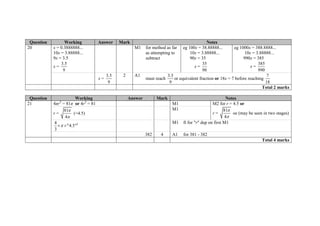 Question Working Answer Mark Notes
20 x = 0.3888888...
10x = 3.88888...
9x = 3.5
x =
3.5
9
M1 for method as far
as attempting to
subtract
eg 100x = 38.88888...
10x = 3.88888...
90x = 35
x =
35
90
eg 1000x = 388.8888...
10x = 3.88888...
990x = 385
x =
385
990
x =
3.5
9
2 A1
must reach
3.5
9
or equivalent fraction or 18x = 7 before reaching
7
18
Total 2 marks
Question Working Answer Mark Notes
21 4πr2
= 81π or 4r2
= 81 M1 M2 for r = 4.5 or
r =
81
4


oe (may be seen in two stages)r =
81
4


(=4.5)
M1
34
"4.5"
3
 
M1 ft for "r" dep on first M1
382 4 A1 for 381 - 382
Total 4 marks
 