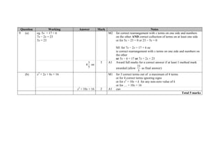 Question Working Answer Mark Notes
9 (a) eg. 5x = 17 + 6
7x − 2x = 23
5x = 23
M2 for correct rearrangement with x terms on one side and numbers
on the other AND correct collection of terms on at least one side
or for 5x − 23 = 0 or 23 − 5x = 0
M1 for 7x − 2x = 17 + 6 oe
ie correct rearrangement with x terms on one side and numbers on
the other
or 5x − 6 = 17 or 7x = 2x + 23
4
3
5
oe
3 A1 Award full marks for a correct answer if at least 1 method mark
awarded (allow
23
5
as final answer)
(b) x2
+ 2x + 8x + 16 M1 for 3 correct terms out of a maximum of 4 terms
or for 4 correct terms ignoring signs
or for x2
+ 10x + k for any non-zero value of k
or for … + 10x + 16
x2
+ 10x + 16 2 A1 cao
Total 5 marks
 
