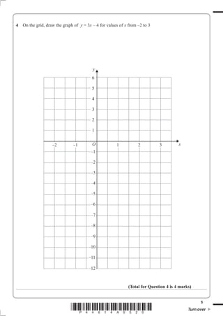 5
*P44614A0520* Turn over
4 On the grid, draw the graph of y = 3x – 4 for values of x from –2 to 3
(Total for Question 4 is 4 marks)
6
5
4
3
2
1
O
–1
–2
–3
–4
–5
–6
–7
–8
–9
–10
–11
–12
–2 –1 1 2 3 x
y
 
