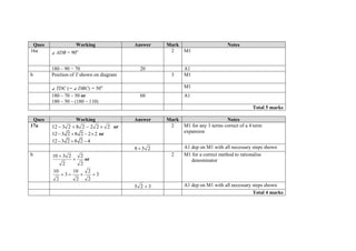 Ques Working Answer Mark Notes
16a ∠ ADB = 90o 2 M1
180 – 90 − 70 20 A1
b Position of T shown on diagram 3 M1
∠ TDC (= ∠ DBC) = 50o M1
180 – 70 – 50 or
180 – 50 – (180 – 110)
60 A1
Total 5 marks
Ques Working Answer Mark Notes
17a 222282312  or
12 3 2 8 2 2 2    or
12 3 2 8 2 4  
2 M1 for any 3 terms correct of a 4 term
expansion
258  A1 dep on M1 with all necessary steps shown
b
2
2
2
2310


or
3
2
2
2
10
3
2
10

2 M1 for a correct method to rationalise
denominator
325  A1 dep on M1 with all necessary steps shown
Total 4 marks
 