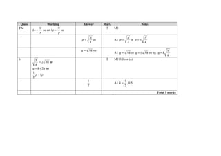 Ques Working Answer Mark Notes
19a
x
N
kx  oe or
N
kp
p
 oe
3 M1
k
N
p  oe A1
k
N
p  or
k
N
p 
Nkq  oe
A1 Nkq  or Nkq  oe eg.
N
q k
k

b
Nk
k
N
2 or
2q k q  or
1
2
p kp
2 M1 ft from (a)
2
1
A1
2
1
k , 0.5
Total 5 marks
 