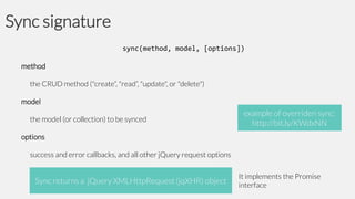 Sync signature
sync(method, model, [options])
method
the CRUD method ("create“, "read“, "update", or "delete")
model
the model (or collection) to be synced

example of overriden sync:
http://bit.ly/KWdxNN

options
success and error callbacks, and all other jQuery request options

Sync returns a jQuery XMLHttpRequest (jqXHR) object

It implements the Promise
interface

 
