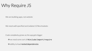 Why Require JS
We are building apps, not website

We need well-specified and isolated JS files/modules

Code complexity grows as the app gets bigger
 we need some sort of #include/import/require
 ability to load nested dependencies

 