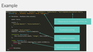 Example

Dependency to template HTML file

It contains a string

Compiled template

Execution of the template

 