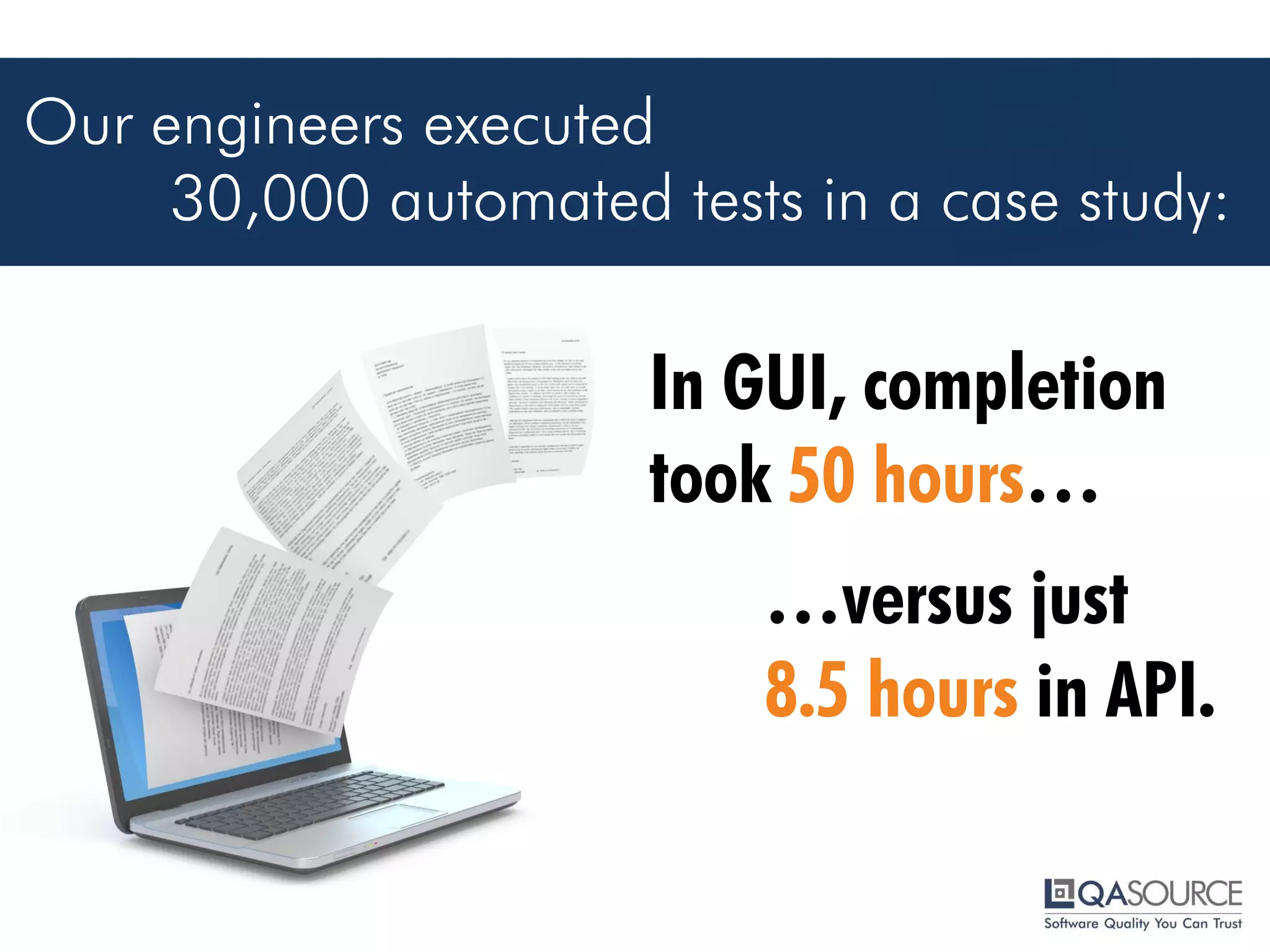 In GUI, completion took 50 hours…
Our engineers executed
30,000 automated tests in a case study:
…versus just 8.5 hours in API.
(using parallel execution)