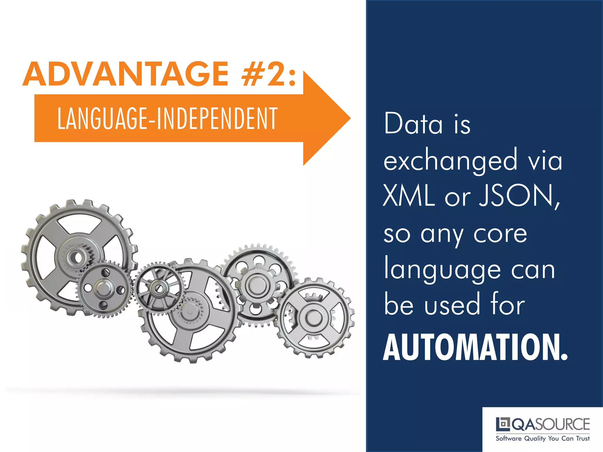 ADVANTAGE #2:
LANGUAGE-INDEPENDENT
Data is exchanged via
XML or JSON, so any core language can be used for
AUTOMATION.