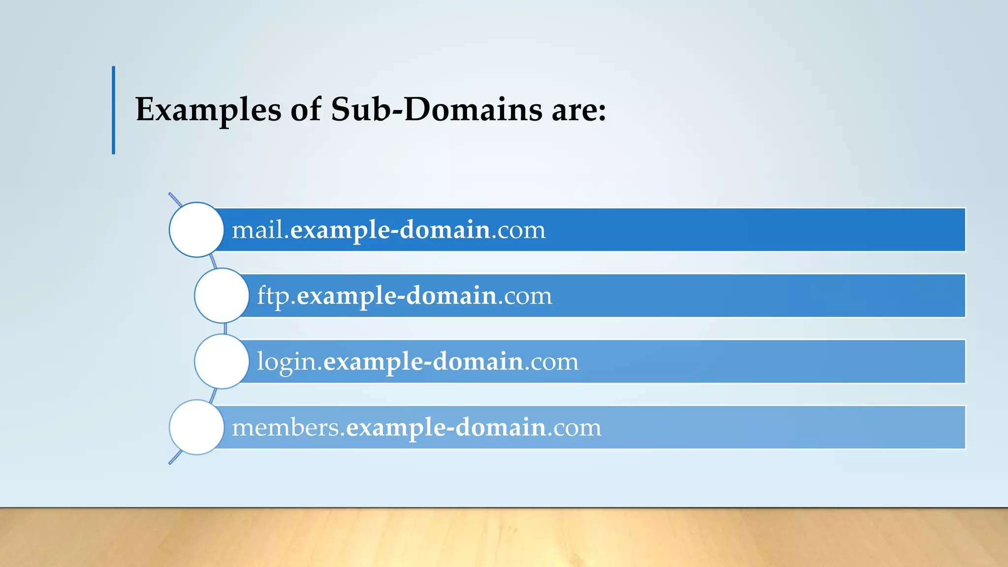 Examples of Sub-Domains are:
mail.example-domain.com
ftp.example-domain.com
login.example-domain.com
members.example-domain.com
 