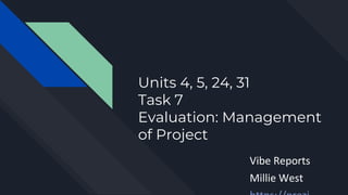 Units 4, 5, 24, 31
Task 7
Evaluation: Management
of Project
Vibe Reports
Millie West
 