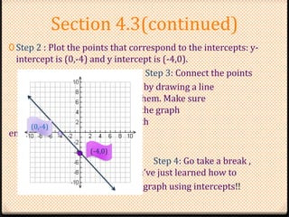 Section 4.3(continued)
0 Step 2 : Plot the points that correspond to the intercepts: y-
intercept is (0,-4) and y intercept is (-4,0).
Step 3: Connect the points
by drawing a line
t through them. Make sure
your line covers the graph
and has arrows on both
ends. Be sure to use a ruler.
Step 4: Go take a break ,
you’ve just learned how to
graph using intercepts!!
(0,-4)
(-4,0)
 