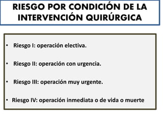 RIESGO POR CONDICIÓN DE LA
INTERVENCIÓN QUIRÚRGICA
• Riesgo I: operación electiva.
• Riesgo II: operación con urgencia.
• Riesgo III: operación muy urgente.
• Riesgo IV: operación inmediata o de vida o muerte
 
