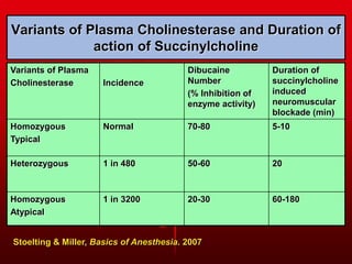 Variants of Plasma Cholinesterase and Duration of
action of Succinylcholine
Variants of Plasma
Cholinesterase Incidence
Dibucaine
Number
(% Inhibition of
enzyme activity)
Duration of
succinylcholine
induced
neuromuscular
blockade (min)
Homozygous
Typical
Normal 70-80 5-10
Heterozygous 1 in 480 50-60 20
Homozygous
Atypical
1 in 3200 20-30 60-180
Stoelting & Miller, Basics of Anesthesia. 2007
 