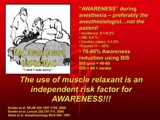 “AWARENESS” during
anesthesia – preferably the
anesthesiologist…not the
patient!
• Incidence: 0.1-0.2%
• OB: 0.4 %
• Cardiac cases: 1-1.5%
•Trauma 11 – 43%
• 70-80% Awareness
reduction using BIS
BIS goal = 40-60
BIS > 80 = awake
Avidan et al. NEJM 358:1097-1108, 2008
Sandin et al. Lancet 335;707-711, 2000
Sebel et al. Anesthesiology 99;A-360, 1991
The use of muscle relaxant is an
independent risk factor for
AWARENESS!!!
 