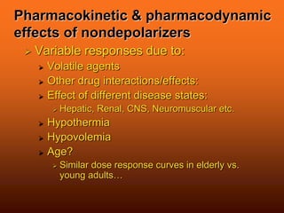 Pharmacokinetic & pharmacodynamic
effects of nondepolarizers
 Variable responses due to:
 Volatile agents
 Other drug interactions/effects:
 Effect of different disease states:
 Hepatic, Renal, CNS, Neuromuscular etc.
 Hypothermia
 Hypovolemia
 Age?
 Similar dose response curves in elderly vs.
young adults…
 