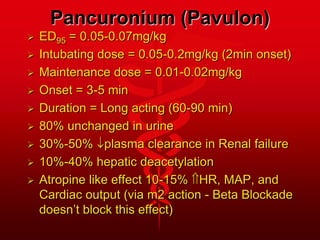 Pancuronium (Pavulon)
 ED95 = 0.05-0.07mg/kg
 Intubating dose = 0.05-0.2mg/kg (2min onset)
 Maintenance dose = 0.01-0.02mg/kg
 Onset = 3-5 min
 Duration = Long acting (60-90 min)
 80% unchanged in urine
 30%-50% plasma clearance in Renal failure
 10%-40% hepatic deacetylation
 Atropine like effect 10-15% HR, MAP, and
Cardiac output (via m2 action - Beta Blockade
doesn’t block this effect)
 