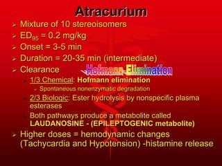 Atracurium
 Mixture of 10 stereoisomers
 ED95 = 0.2 mg/kg
 Onset = 3-5 min
 Duration = 20-35 min (intermediate)
 Clearance
 1/3 Chemical: Hofmann elimination
 Spontaneous nonenzymatic degradation
 2/3 Biologic: Ester hydrolysis by nonspecific plasma
esterases
 Both pathways produce a metabolite called
LAUDANOSINE - (EPILEPTOGENIC metabolite)
 Higher doses = hemodynamic changes
(Tachycardia and Hypotension) -histamine release
 