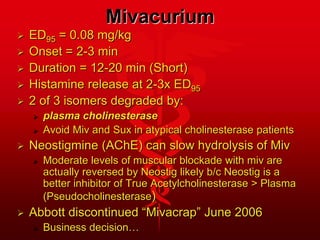 Mivacurium
 ED95 = 0.08 mg/kg
 Onset = 2-3 min
 Duration = 12-20 min (Short)
 Histamine release at 2-3x ED95
 2 of 3 isomers degraded by:
 plasma cholinesterase
 Avoid Miv and Sux in atypical cholinesterase patients
 Neostigmine (AChE) can slow hydrolysis of Miv
 Moderate levels of muscular blockade with miv are
actually reversed by Neostig likely b/c Neostig is a
better inhibitor of True Acetylcholinesterase > Plasma
(Pseudocholinesterase)
 Abbott discontinued “Mivacrap” June 2006
 Business decision…
 