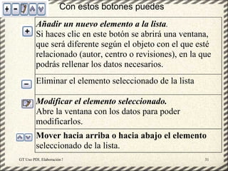 Con estos botones puedes
         Añadir un nuevo elemento a la lista.
         Si haces clic en este botón se abrirá una ventana,
         que será diferente según el objeto con el que esté
         relacionado (autor, centro o revisiones), en la que
         podrás rellenar los datos necesarios.
         Eliminar el elemento seleccionado de la lista

         Modificar el elemento seleccionado.
         Abre la ventana con los datos para poder
         modificarlos.
         Mover hacia arriba o hacia abajo el elemento
         seleccionado de la lista.
GT Uso PDI. Elaboración Material didactico JCLIC          31
 