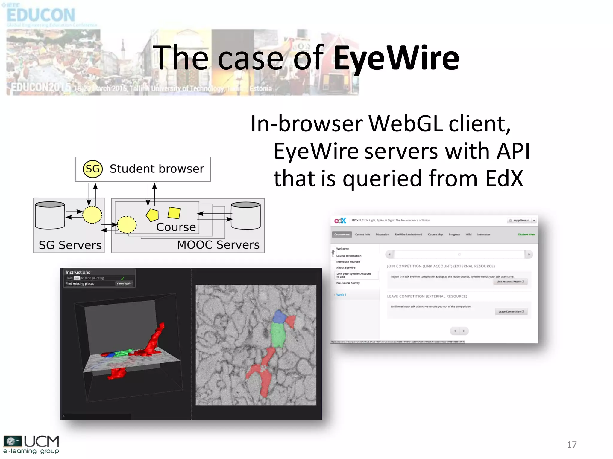 The case of EyeWire
17
In-browser WebGL client,
EyeWire servers with API
that is queried from EdX
 