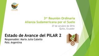3er Reunión Ordinaria
Alianza Sudamericana por el Suelo
27 de octubre de 2016
Quito, Ecuador
Estado de Avance del PILAR 2
Responsable: María Julia Cabello
País: Argentina
 