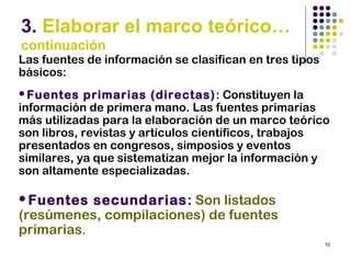 10
3. Elaborar el marco teórico…
continuación
Las fuentes de información se clasifican en tres tipos
básicos:
Fuentes primarias (directas): Constituyen la
información de primera mano. Las fuentes primarias
más utilizadas para la elaboración de un marco teórico
son libros, revistas y artículos científicos, trabajos
presentados en congresos, simposios y eventos
similares, ya que sistematizan mejor la información y
son altamente especializadas.
Fuentes secundarias: Son listados
(resúmenes, compilaciones) de fuentes
primarias.
 