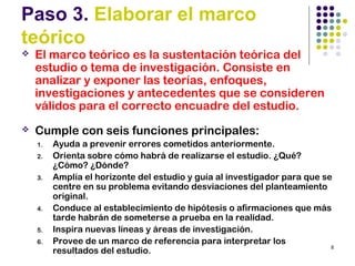 8
Paso 3. Elaborar el marco
teórico
 El marco teórico es la sustentación teórica del
estudio o tema de investigación. Consiste en
analizar y exponer las teorías, enfoques,
investigaciones y antecedentes que se consideren
válidos para el correcto encuadre del estudio.
 Cumple con seis funciones principales:
1. Ayuda a prevenir errores cometidos anteriormente.
2. Orienta sobre cómo habrá de realizarse el estudio. ¿Qué?
¿Cómo? ¿Dónde?
3. Amplía el horizonte del estudio y guía al investigador para que se
centre en su problema evitando desviaciones del planteamiento
original.
4. Conduce al establecimiento de hipótesis o afirmaciones que más
tarde habrán de someterse a prueba en la realidad.
5. Inspira nuevas líneas y áreas de investigación.
6. Provee de un marco de referencia para interpretar los
resultados del estudio.
 