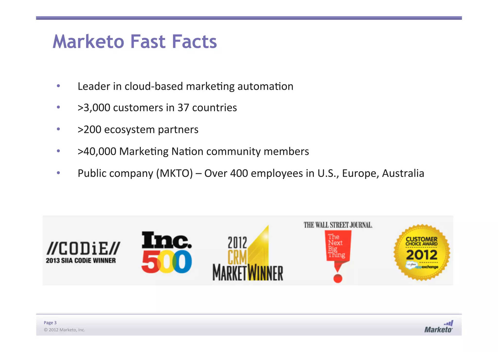 Page	
  3	
  
©	
  2012	
  Marketo,	
  Inc.	
  	
  
•  Leader	
  in	
  cloud-­‐based	
  marke:ng	
  automa:on	
  
•  >3,000	
  customers	
  in	
  37	
  countries	
  
•  >200	
  ecosystem	
  partners	
  
•  >40,000	
  Marke:ng	
  Na:on	
  community	
  members	
  
•  Public	
  company	
  (MKTO)	
  –	
  Over	
  400	
  employees	
  in	
  U.S.,	
  Europe,	
  Australia	
  
	
  
Marketo Fast Facts
 