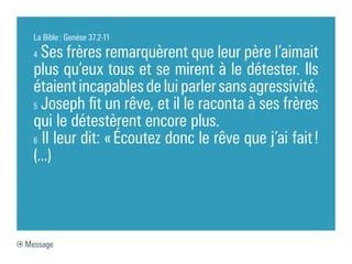 La Bible : Genèse 37.2-11

  4 Ses frères remarquèrent que leur père l’aimait
  plus qu’eux tous et se mirent à le détester. Ils
  étaient incapables de lui parler sans agressivité.
  5 Joseph fit un rêve, et il le raconta à ses frères

  qui le détestèrent encore plus.
  6 Il leur dit: « Écoutez donc le rêve que j’ai fait !

  (...)




Message
 